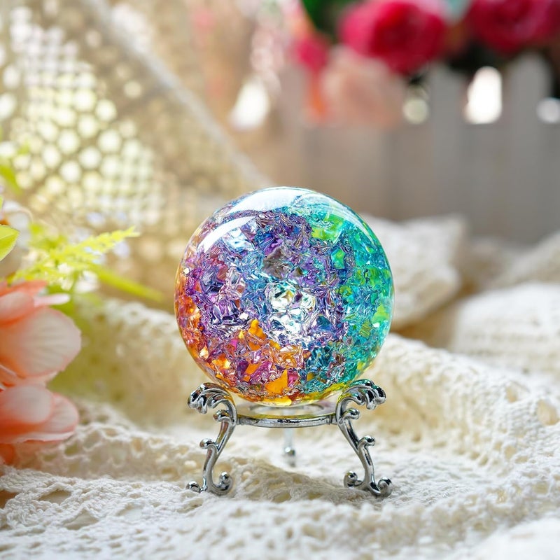 ZEERSHEE 60mm Colorful Ice Cracked Crystal Ball with Stand Decorative Glass Ball Paperweight for Home Wedding Office Christmas Decor - Image 2